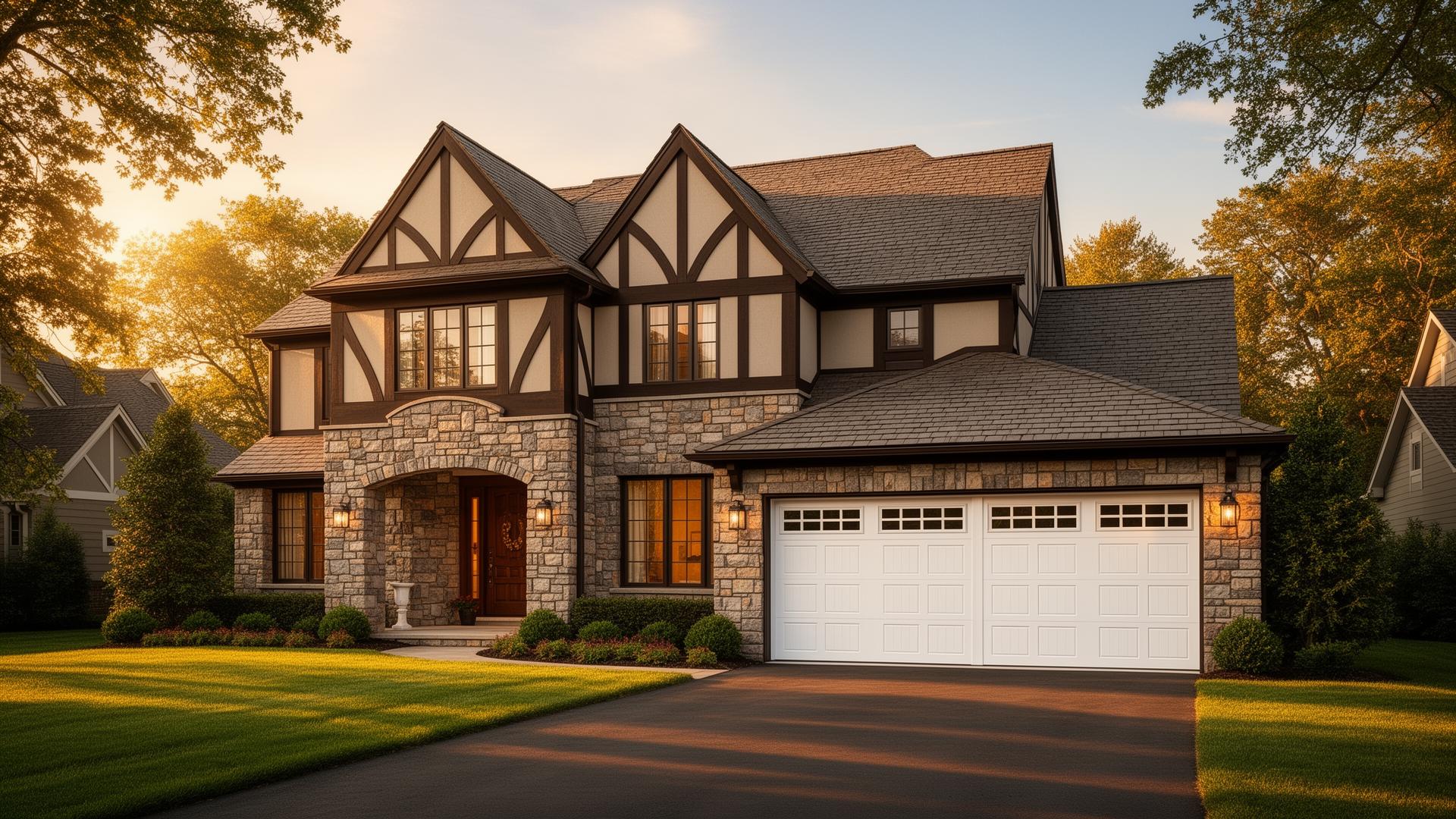 Beautiful Tudor home with premium white garage doors in Granite Falls